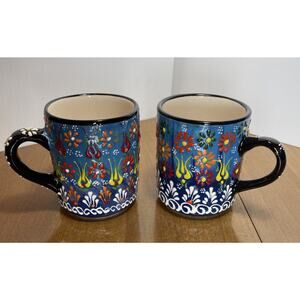 Turkish Pottery Mug Set Of 2 Mugs Blue 3D Hand Painted Floral Boho New